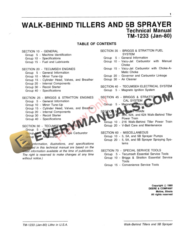 John Deere Walk Behind Tillers 5B Sprayer Technical Manual TM1233 01JAN80 3
