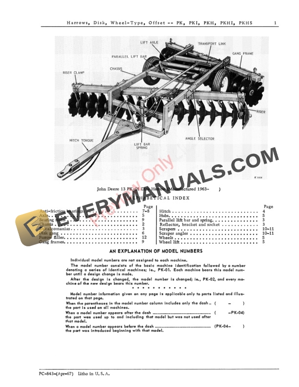 John Deere Wheel-Type, Offset Disk Harrows - PK, PKI, PKH, PKHS Parts Catalog PC843 01APR67 4 John Deere Wheel-Type, Offset Disk Harrows – PK, PKI, PKH, PKHS Parts Catalog PC843 01APR67-3