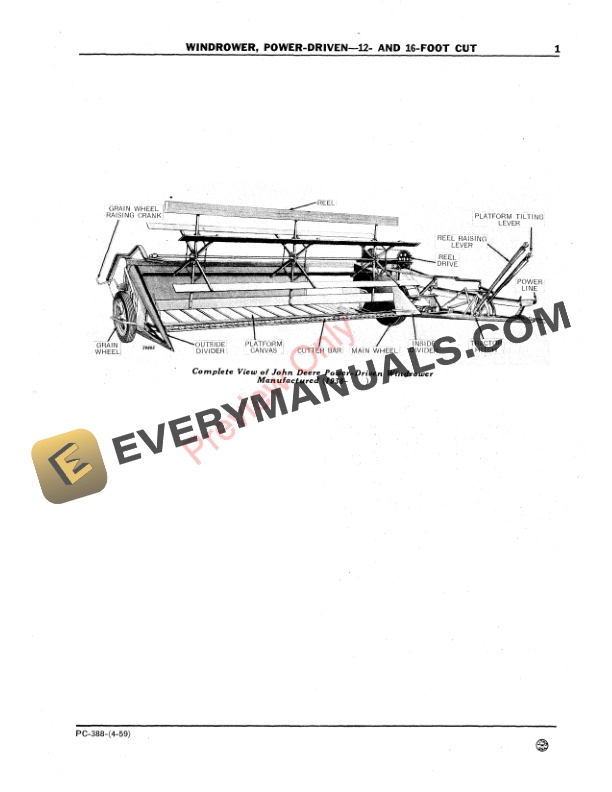 John Deere Windrower Power-Driven 12, 16 Foot Parts Catalog PC388 01APR59-3