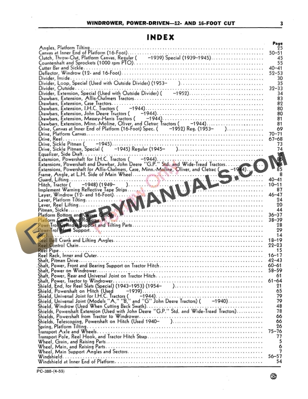 John Deere Windrower Power-Driven 12, 16 Foot Parts Catalog PC388 01APR59-5