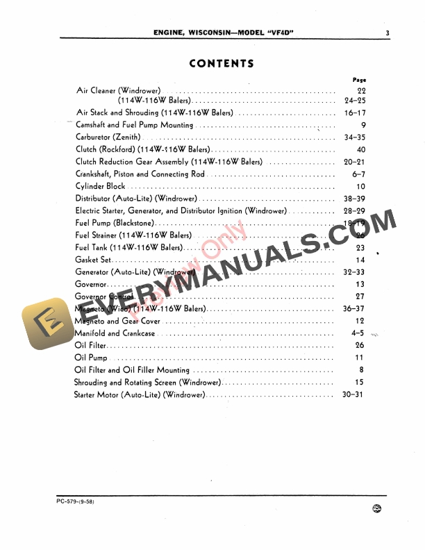 John Deere Wisconsin Engine – Model VF4D Parts Catalog PC579 01SEP58-5