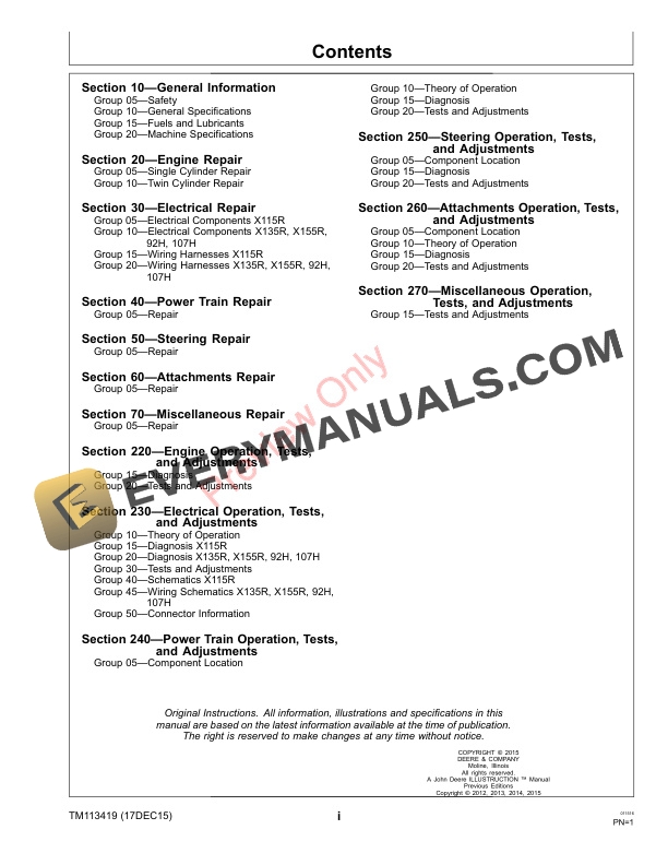 John Deere X115R X135R X155R 92H and 107H Tractors Technical Manual TM113419 10JAN17 3