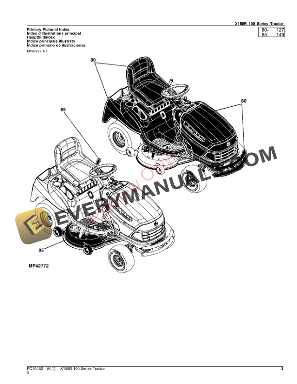 John Deere X155R Tractor Parts Catalog PC10452 10SEP23 3