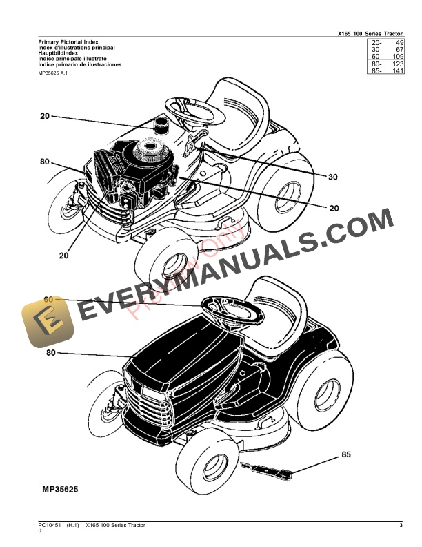 John Deere X165 Tractor Parts Catalog PC10451 10SEP23 3