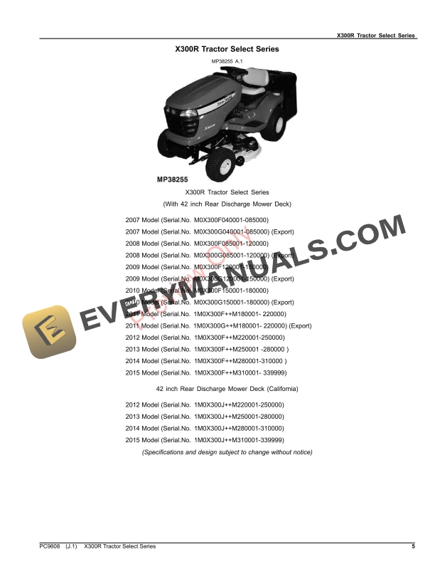 John Deere X300R TRACTOR SELECT SERIES Parts Catalog PC9608 09NOV23-5