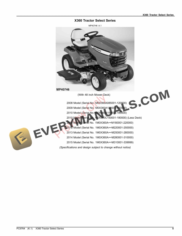 John Deere X360 TRACTOR SELECT SERIES Parts Catalog PC9764 10SEP23-5