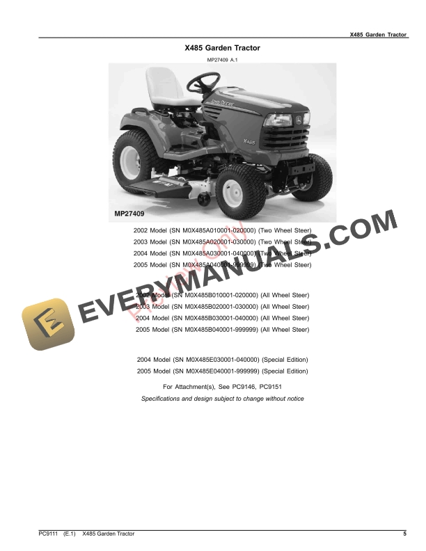 John Deere X485 GARDEN TRACTOR Parts Catalog PC9111 10SEP23-5