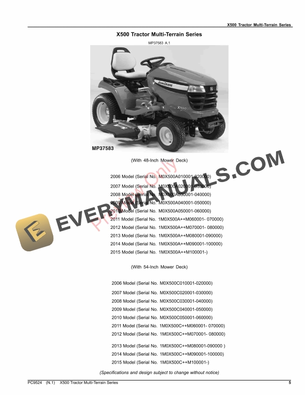 John Deere X500 TRACTOR MULTI-TERRAIN SERIES Parts Catalog PC9524 31NOV22-5