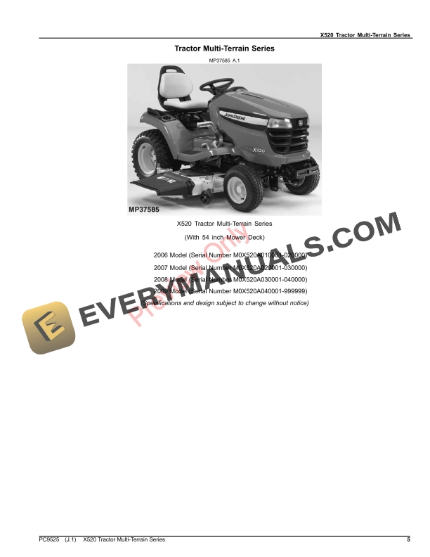 John Deere X520 Tractor Multi-Terrain Series Parts Catalog PC9525 22AUG23-5