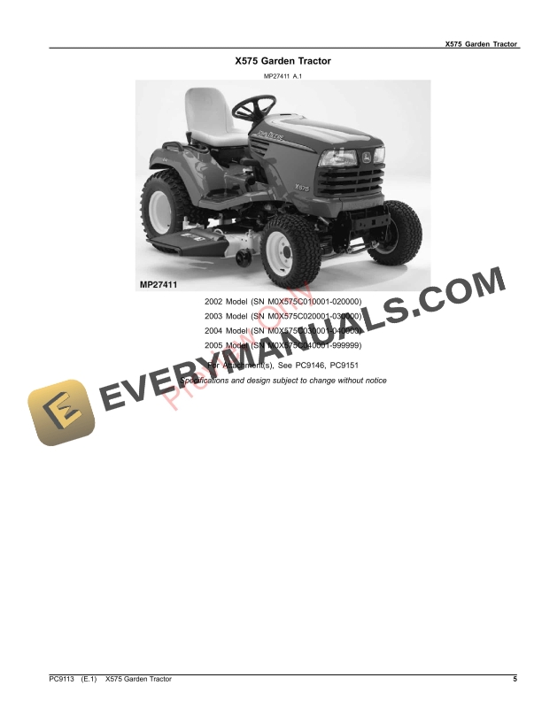 John Deere X575 GARDEN TRACTOR Parts Catalog PC9113 10SEP23-5