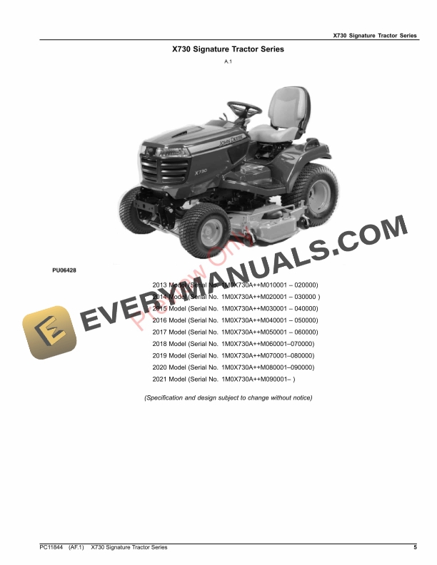 John Deere X730 Signature Tractor Series Parts Catalog PC11844 10SEP23 5