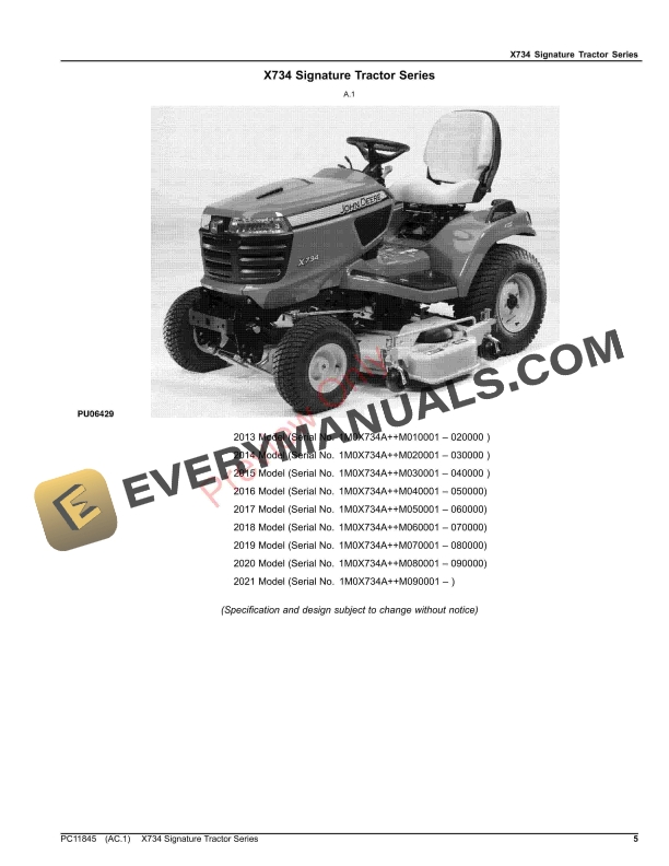 John Deere X734 Signature Tractor Series Parts Catalog PC11845 22OCT23 5