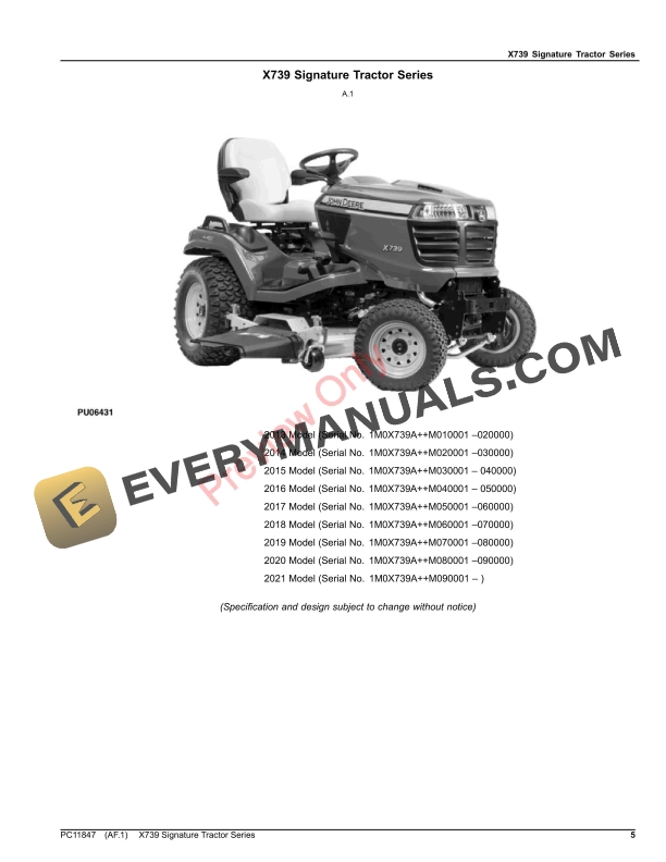 John Deere X739 Signature Tractor Series Parts Catalog PC11847 10SEP23 5