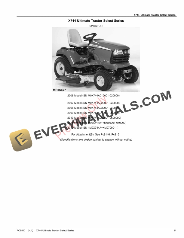 John Deere X744 ULTIMATE TRACTOR SELECT SERIES Parts Catalog PC9510 28OCT23-5