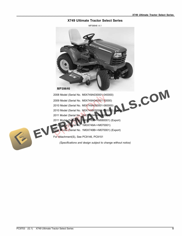 John Deere X749 ULTIMATE TRACTOR SELECT SERIES Parts Catalog PC9703 31AUG23-5