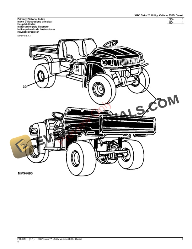 John Deere XUV GATOR UTILITY VEHICLE 850D DIESEL Parts Catalog PC9619 17OCT23 4 John Deere XUV GATOR UTILITY VEHICLE 850D DIESEL Parts Catalog PC9619 17OCT23-3