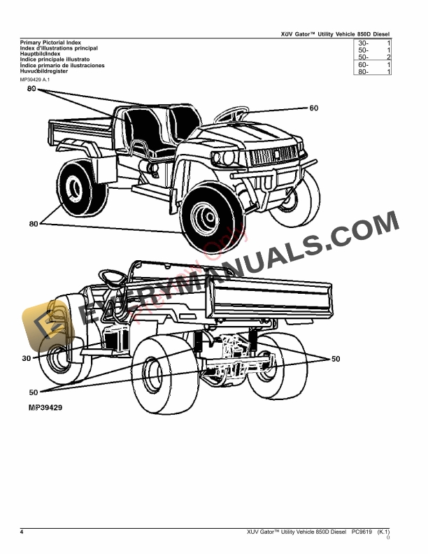 John Deere XUV GATOR UTILITY VEHICLE 850D DIESEL Parts Catalog PC9619 17OCT23 5 John Deere XUV GATOR UTILITY VEHICLE 850D DIESEL Parts Catalog PC9619 17OCT23-4