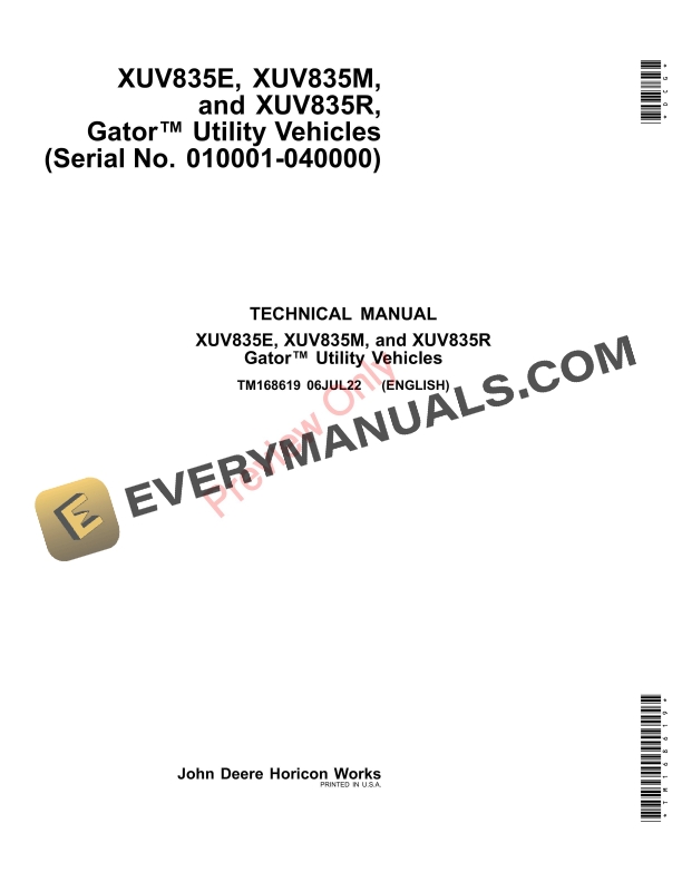 John Deere XUV835E, XUV835M, and XUV835R Gator Utility Vehicles (010001 Technical Manual TM168619 06JUL22-1