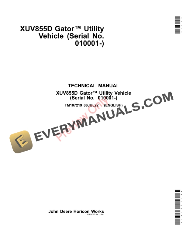 John Deere XUV855D Gator Utility Vehicle (010001-) Technical Manual TM107219 06JUL22-1