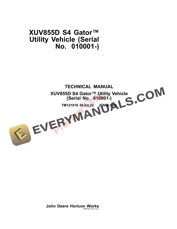 John Deere XUV855D S4 Gator Utility Vehicle (010001-) Technical Manual TM121619 06JUL22-1