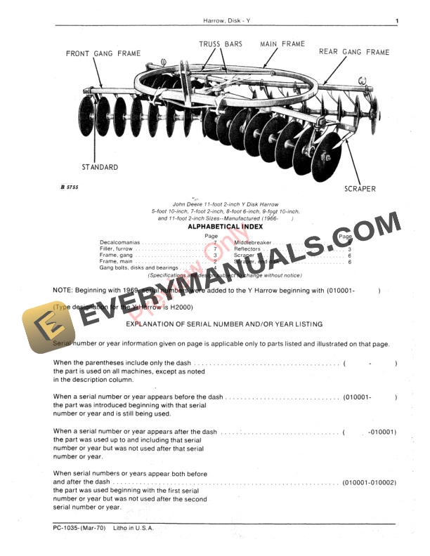 John Deere Y Disk Harrow Parts Catalog PC1035 01MAR70 3