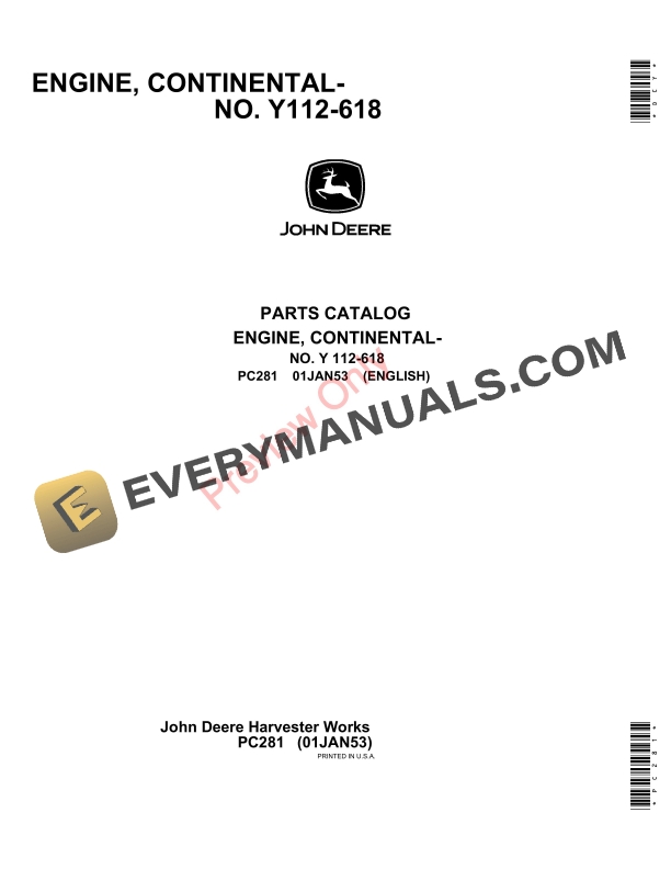 John Deere Y112-618 Continental Engine Parts Catalog PC281 01MAY53-1