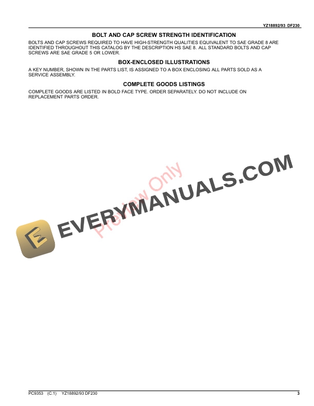 John Deere YZ1889293 DF230 Parts Catalog PC9353 11NOV20-3