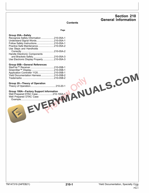John Deere Yield Documentation, Specialty Crop (PCXL02B100000-149999) Technical Manual TM147319 04FEB21 7 John Deere Yield Documentation Specialty Crop PCXL02B100000 149999 Technical Manual TM147319 04FEB21 5