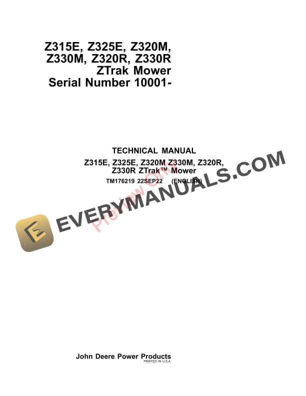 John Deere Z315E, Z325E, Z320M, Z330M, Z320R, Z330R ZTrak Mower (010001 Technical Manual TM176219 22SEP22-1