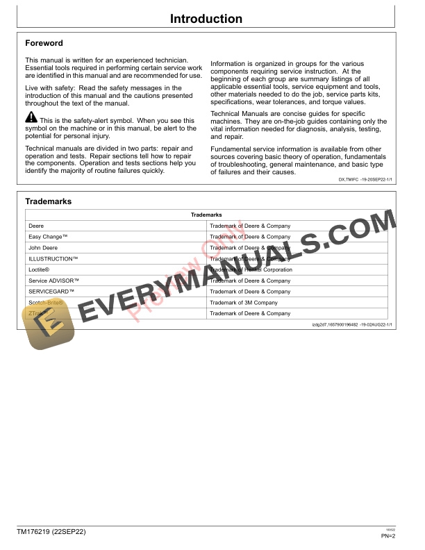 John Deere Z315E, Z325E, Z320M, Z330M, Z320R, Z330R ZTrak Mower (010001 Technical Manual TM176219 22SEP22 4 John Deere Z315E Z325E Z320M Z330M Z320R Z330R ZTrak Mower 010001 Technical Manual TM176219 22SEP22 2
