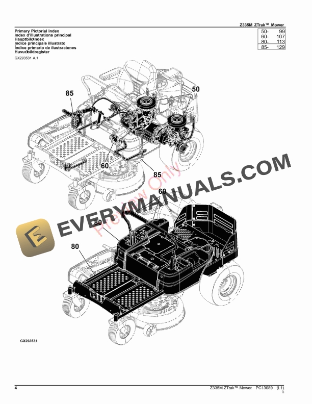 John Deere Z335M ZTrak Mower Parts Catalog PC13089 03OCT23