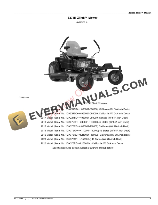 John Deere Z375R ZTrak Mower Parts Catalog PC13093 03OCT23-5