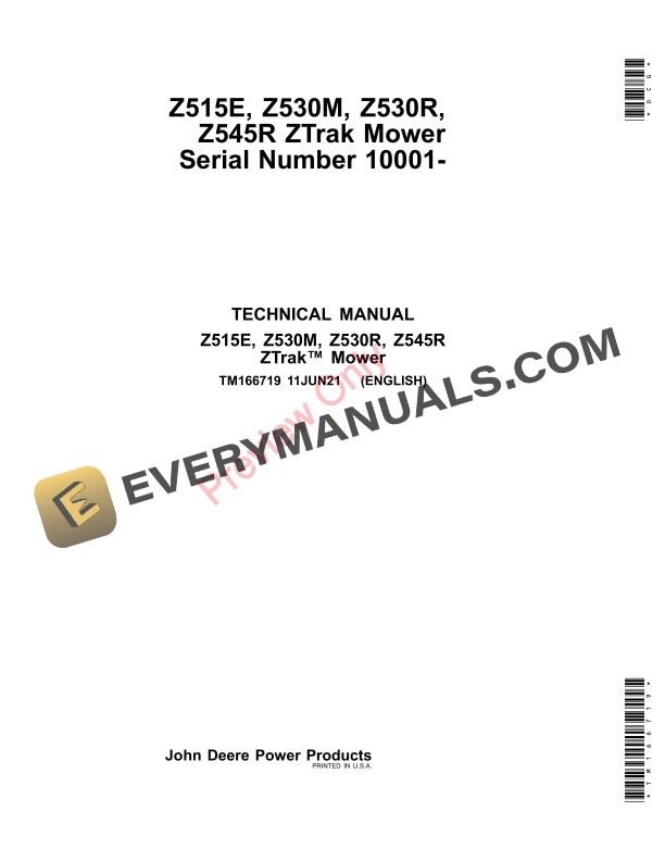 John Deere Z515E, Z530M, Z530R, Z545R ZTrak Mower, (010001-100000), Technical Manual TM166719 11JUN21-1