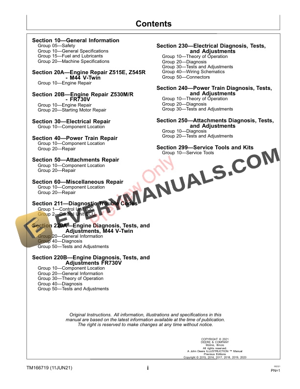 John Deere Z515E Z530M Z530R Z545R ZTrak Mower 010001 100000 Technical Manual TM166719 11JUN21 3
