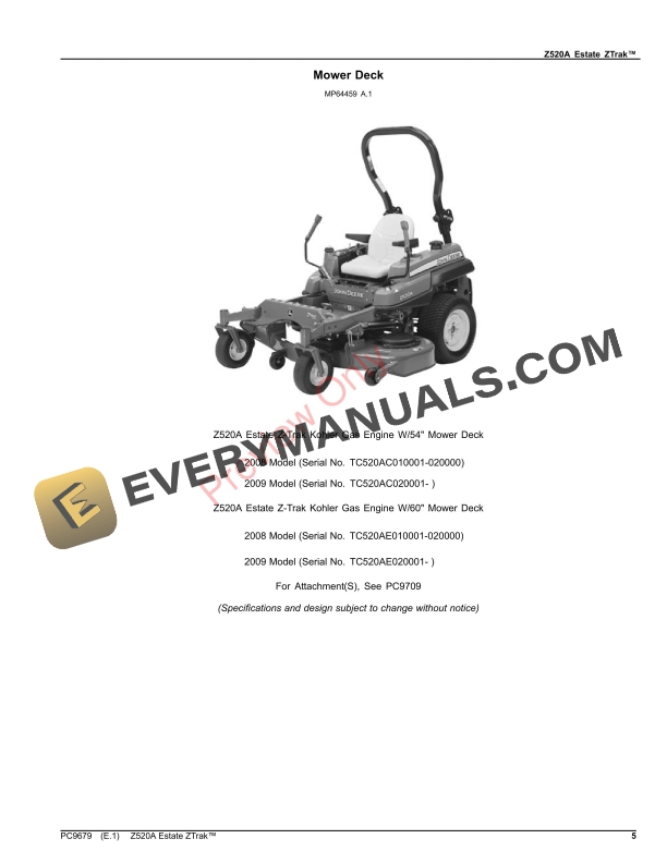 John Deere Z520A ESTATE ZTrak Parts Catalog PC9679 12NOV23-5