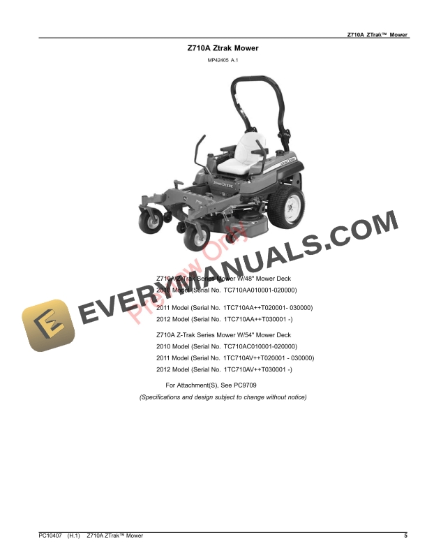 John Deere Z710A ZTrak Mower Parts Catalog PC10407 10MAY23 5