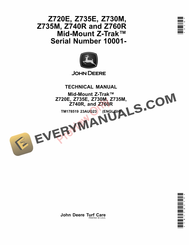 John Deere Z720E, Z735E, Z730M, Z735M, Z740R and Z760R Mid Technical Manual TM178519 23AUG23-1