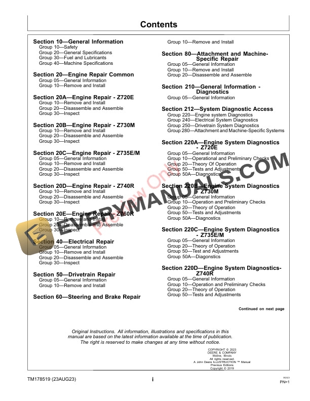 John Deere Z720E Z735E Z730M Z735M Z740R and Z760R Mid Technical Manual TM178519 23AUG23 3