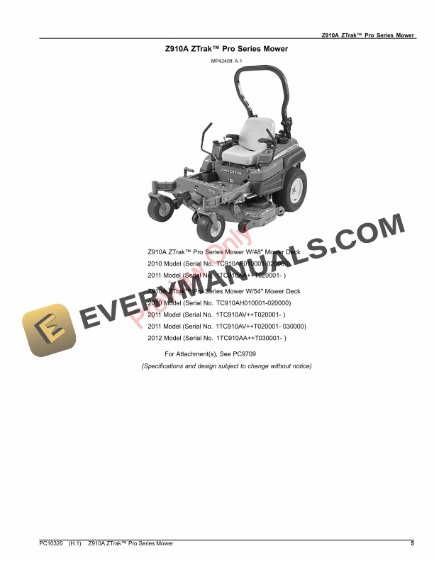 John Deere Z910A ZTrak PRO SERIES MOWER Parts Catalog PC10320 27JUL23 5