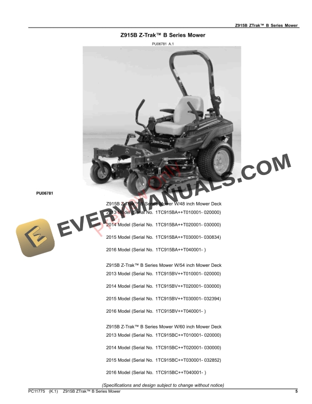John Deere Z915B ZTrak B Series Mower Parts Catalog PC11775 31AUG23 5