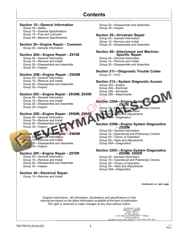 John Deere Z915E, Z920M, Z925M EFI, Z930M, Z930M EFI, Z945M EFI, Z950M, Z955M EFI, Z955R EFI, Z960M, Z920R, Z930R, Z950R, Z960R, Z970R ZTrak Pro Series Mowers (120001 Technical Manual TM176319 30JUL23 5 John Deere Z915E Z920M Z925M EFI Z930M Z930M EFI Z945M EFI Z950M Z955M EFI Z955R EFI Z960M Z920R Z930R Z950R Z960R Z970R ZTrak Pro Series Mowers 120001 Technical Manual TM176319 30JUL23 3