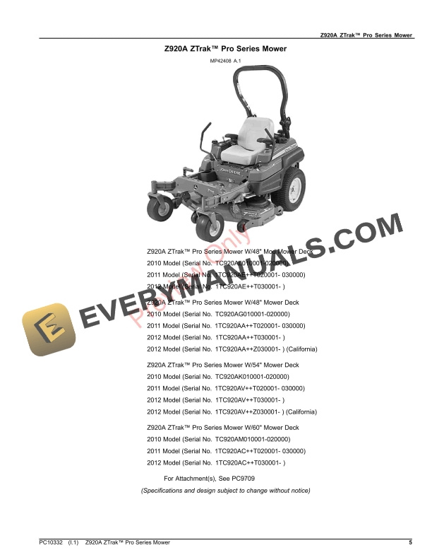 John Deere Z920A ZTrak Pro Series Mower Parts Catalog PC10332 21NOV23 5