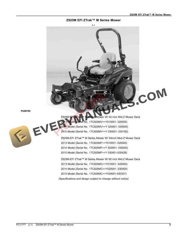 John Deere Z925M EFI ZTrak M Series Mower Parts Catalog PC11777 09OCT23 5