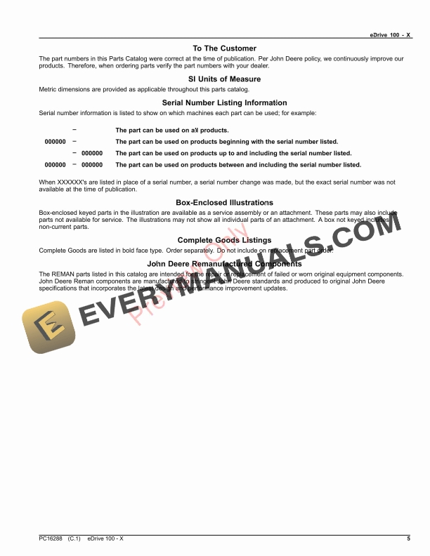 John Deere eDrive 100 - X Parts Catalog PC16288 06OCT23 6 John Deere eDrive 100 – X Parts Catalog PC16288 06OCT23-5