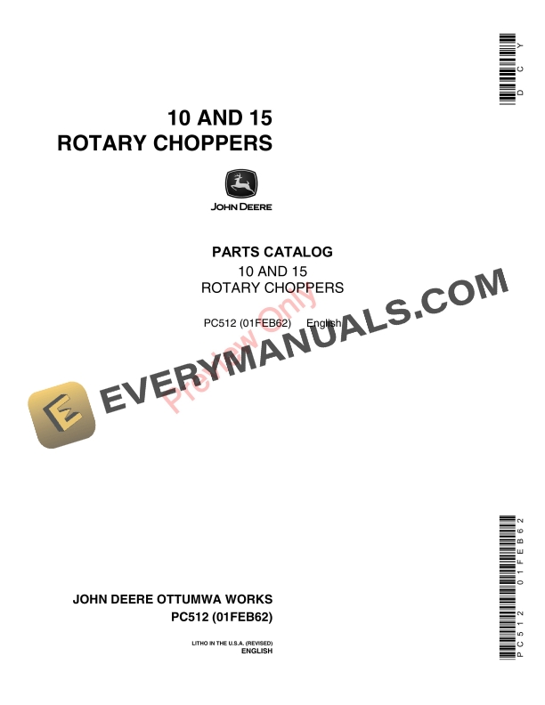 John Deere 10 15 Rotary Chopper Parts Catalog PC512 01FEB62 1
