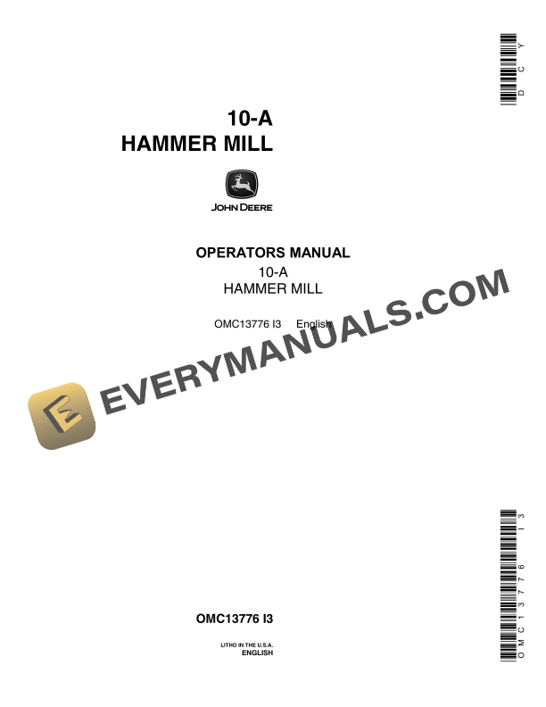 John Deere 10-A Hammer Mill Operator Manual OMC13776