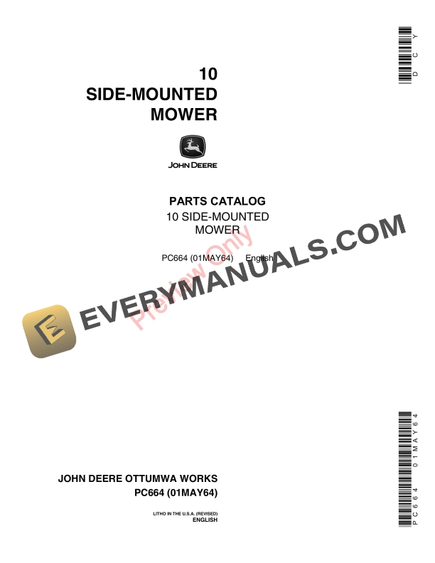 John Deere 10 Side-Mounted Mower Parts Catalog PC664 01MAY64
