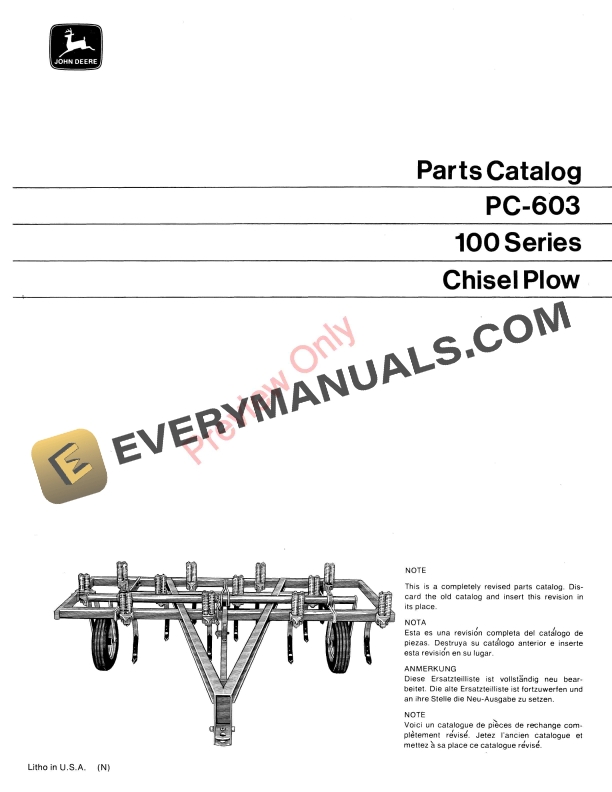 John Deere 100 Chisel Plow Rigid Parts Catalog PC603 01APR70 1