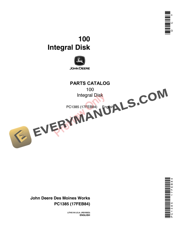 John Deere 100 Integral Disk Parts Catalog PC1385 17FEB84