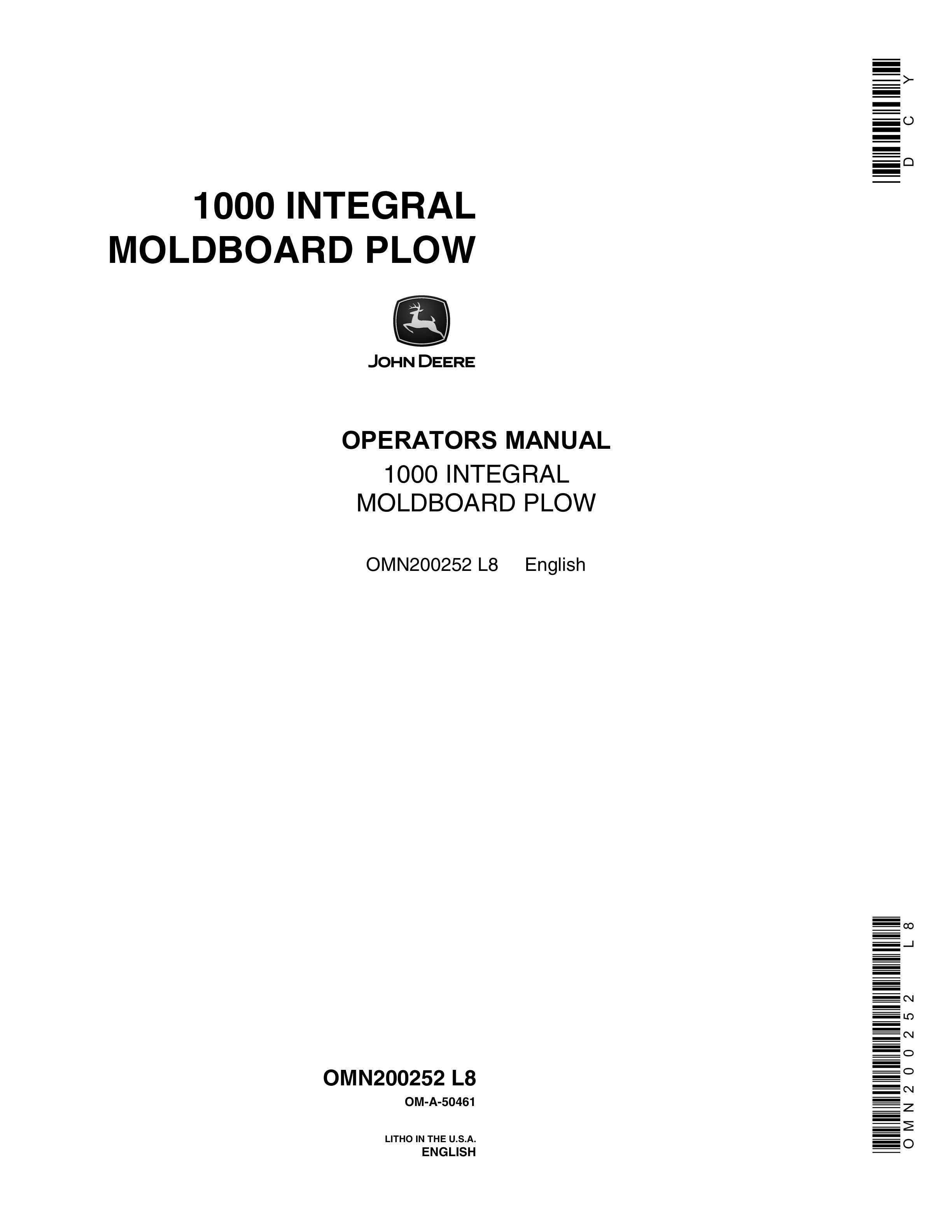John Deere 1000 INTEGRAL MOLDBOARD PLOW Operator Manual OMN200252 1